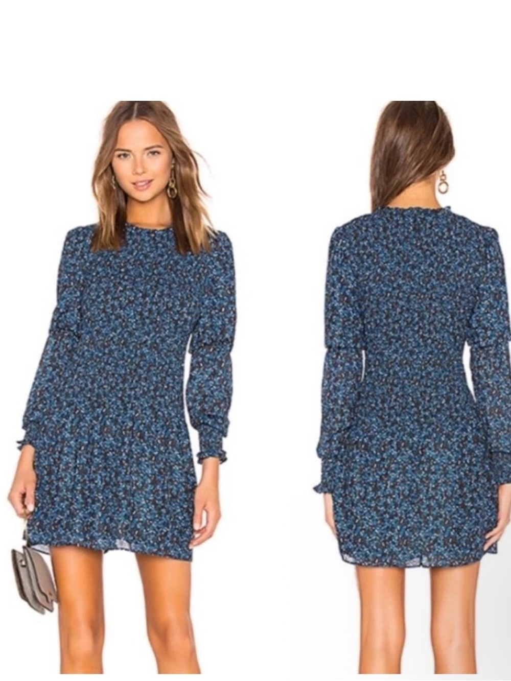 Parker Navy Blue Floral Long-Sleeve Smocked Mini Dress